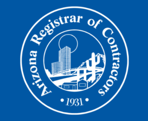 Arizona Registrar of Contractors logo featuring a city skyline, mountains, and cacti, emphasizing quality standards in construction and contractor services.