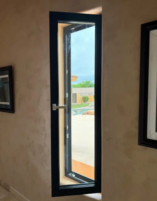 A door with a view of the outside.