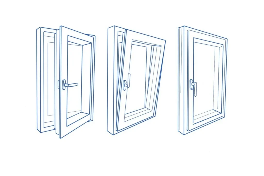 Illustration of tilt-and-turn windows showcasing three configurations, highlighting European design and functionality, relevant to VIP Smart Windows' custom window solutions.