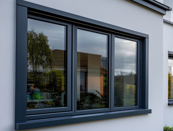 Modern triple-pane windows with sleek black frames, showcasing energy-efficient design and European aesthetics for residential applications.