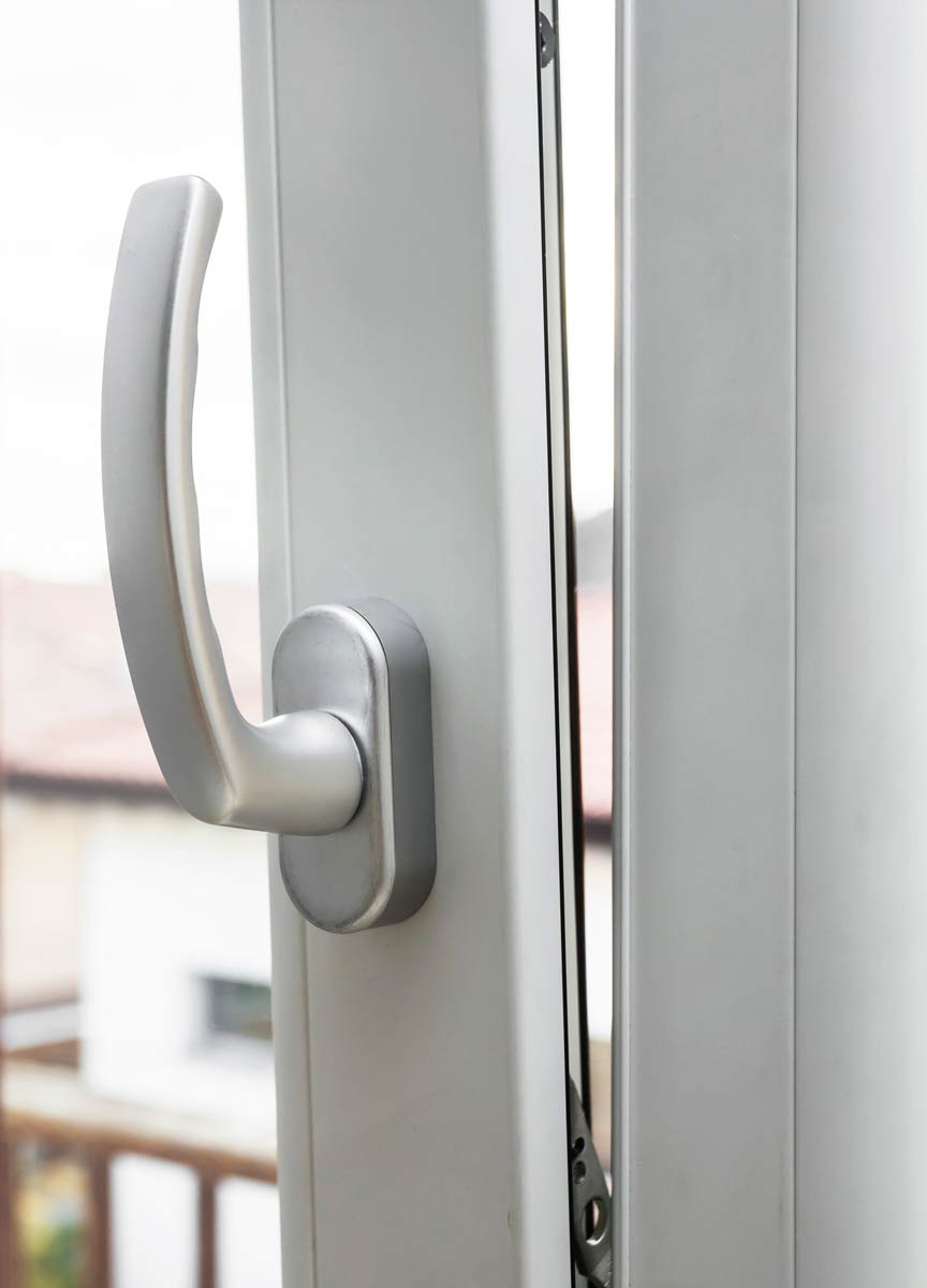 Close-up of a silver tilt-and-turn window handle showcasing Italian-engineered hardware, emphasizing functionality and modern design for VIP Smart Windows.