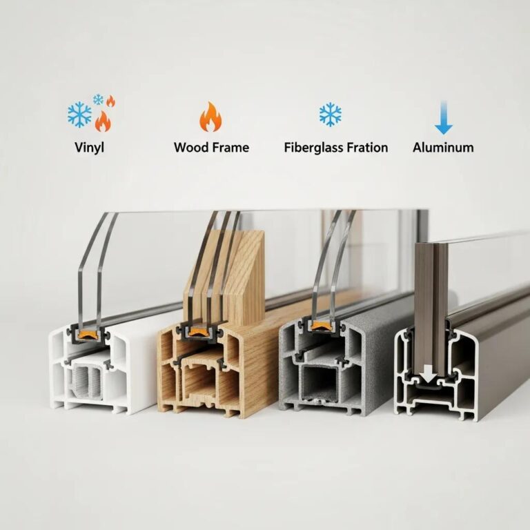 Comparison of window frame materials: vinyl, wood, fiberglass, and aluminum, showcasing their cross-sections in a neutral setting, relevant to energy efficiency and insulation performance.