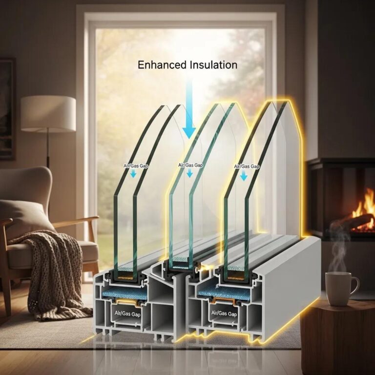 Cross-section comparison of double-pane and triple-pane windows highlighting enhanced insulation benefits, showcasing air/gas gaps and energy efficiency features in a cozy interior setting.
