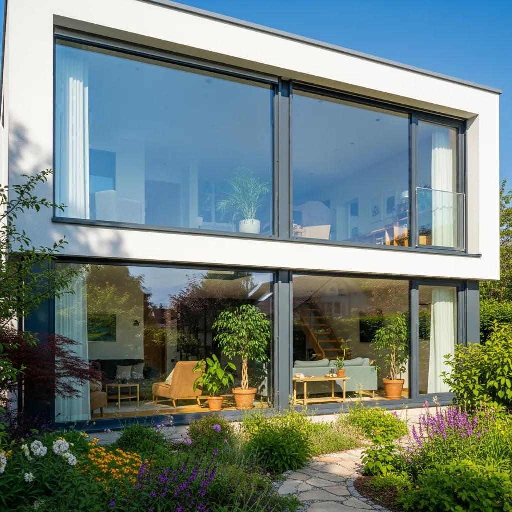Modern home featuring energy-efficient windows, reflecting natural light, surrounded by vibrant greenery and colorful flowers, emphasizing home improvement and sustainability.