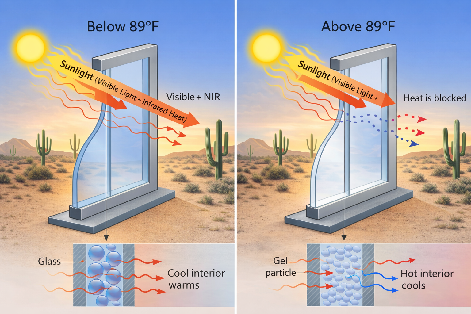 Illustration comparing smart window functionality below and above 89°F, showing sunlight interaction, heat blocking, and energy efficiency benefits in desert climate.