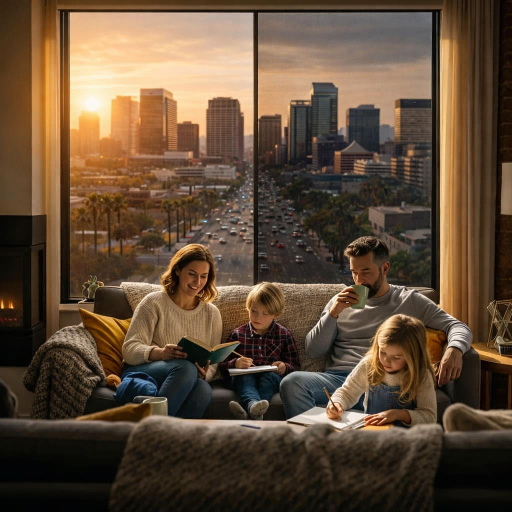 Family enjoying time together indoors, reading and drawing, with a view of the Phoenix skyline and sunset through energy-efficient smart windows, highlighting comfort and insulation benefits in Arizona homes.