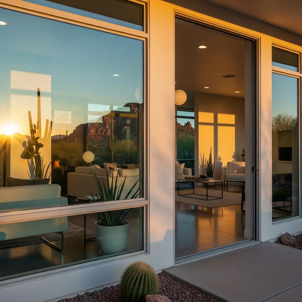 Modern Arizona home with smart windows reflecting energy efficiency, desert landscape, and interior comfort, showcasing sustainable living.